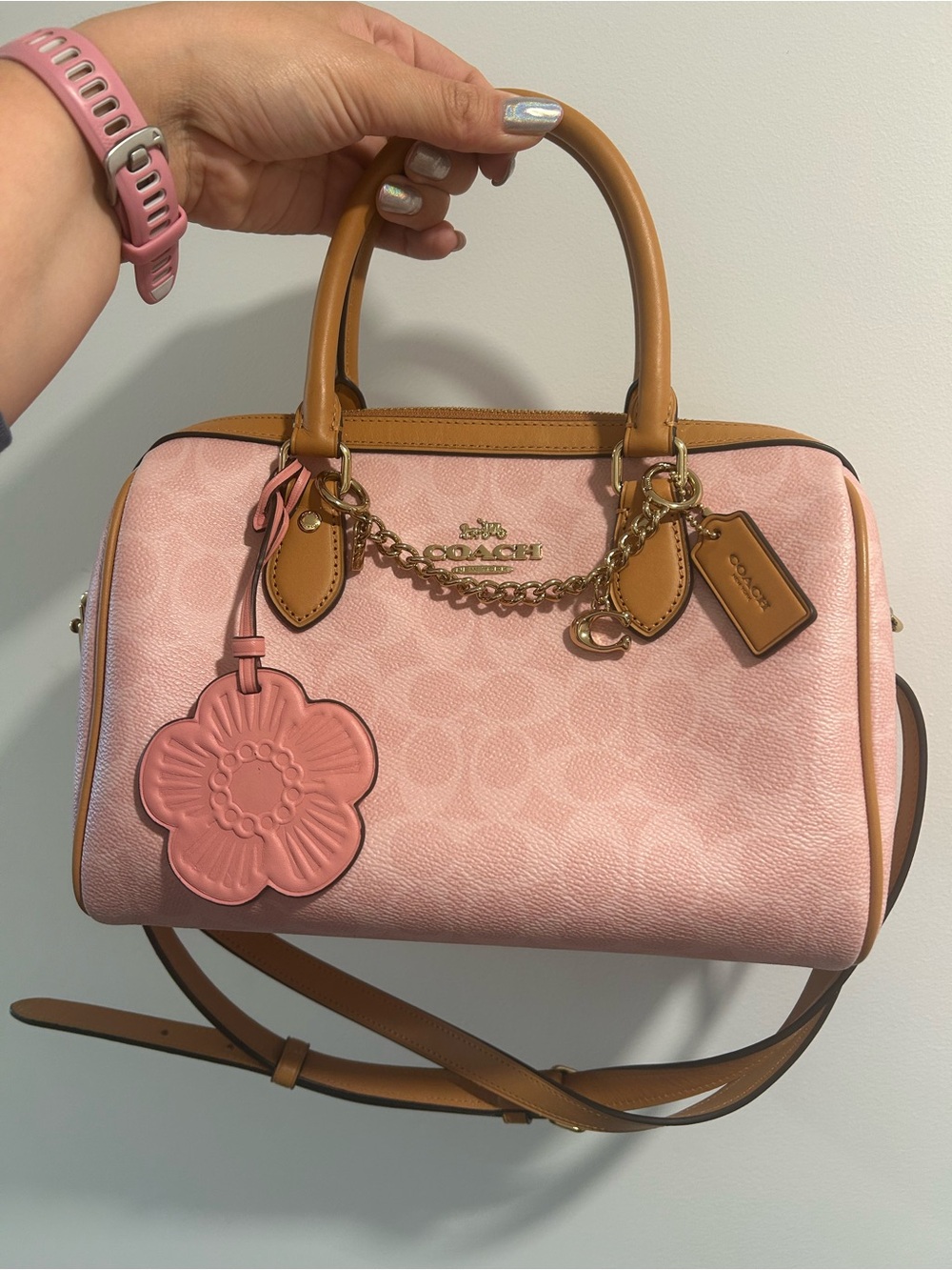 Coach Pink Signature Medium Rowan with Gold Chain Charm and Tearose